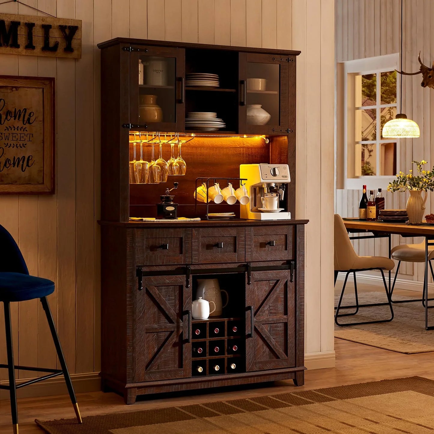 Merluxy Farmhouse Kitchen Cabinet Coffee Display Bar with LED Lights