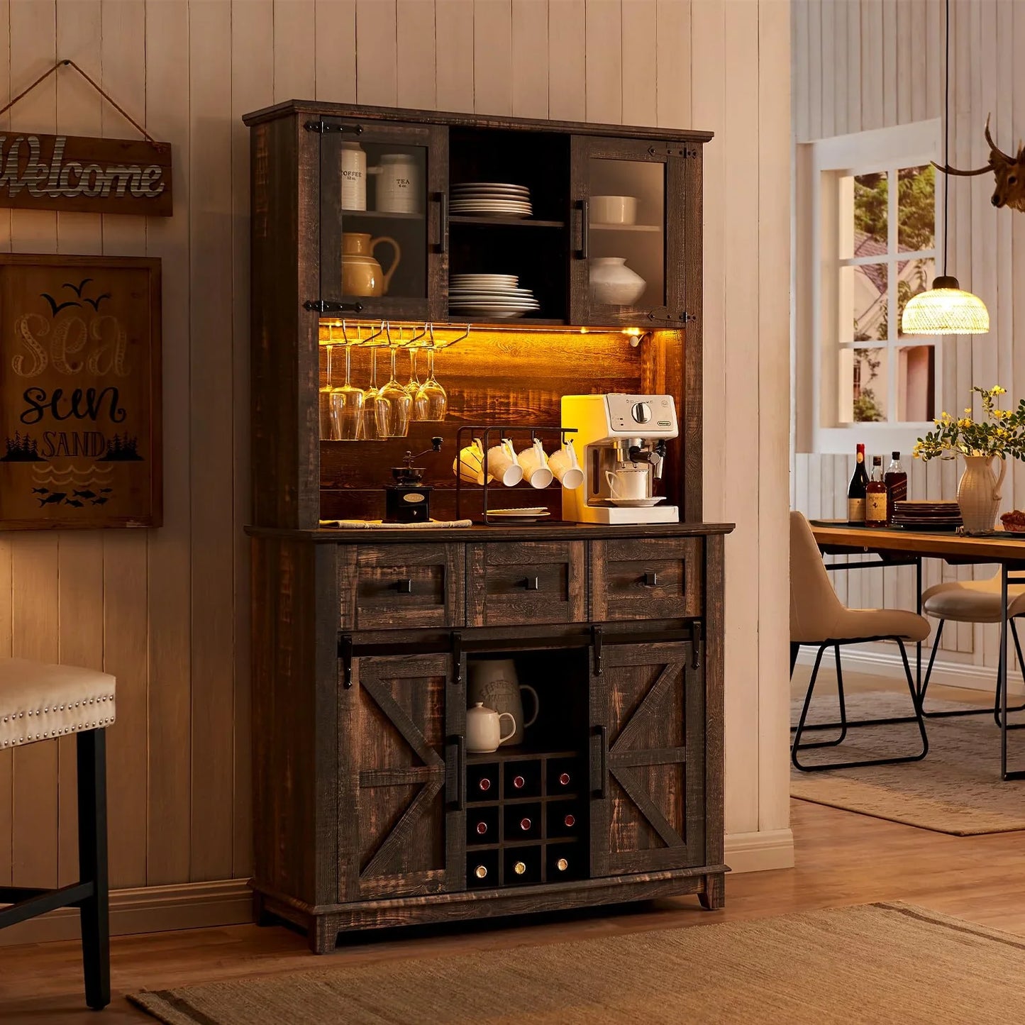 Merluxy Farmhouse Kitchen Cabinet Coffee Display Bar with LED Lights