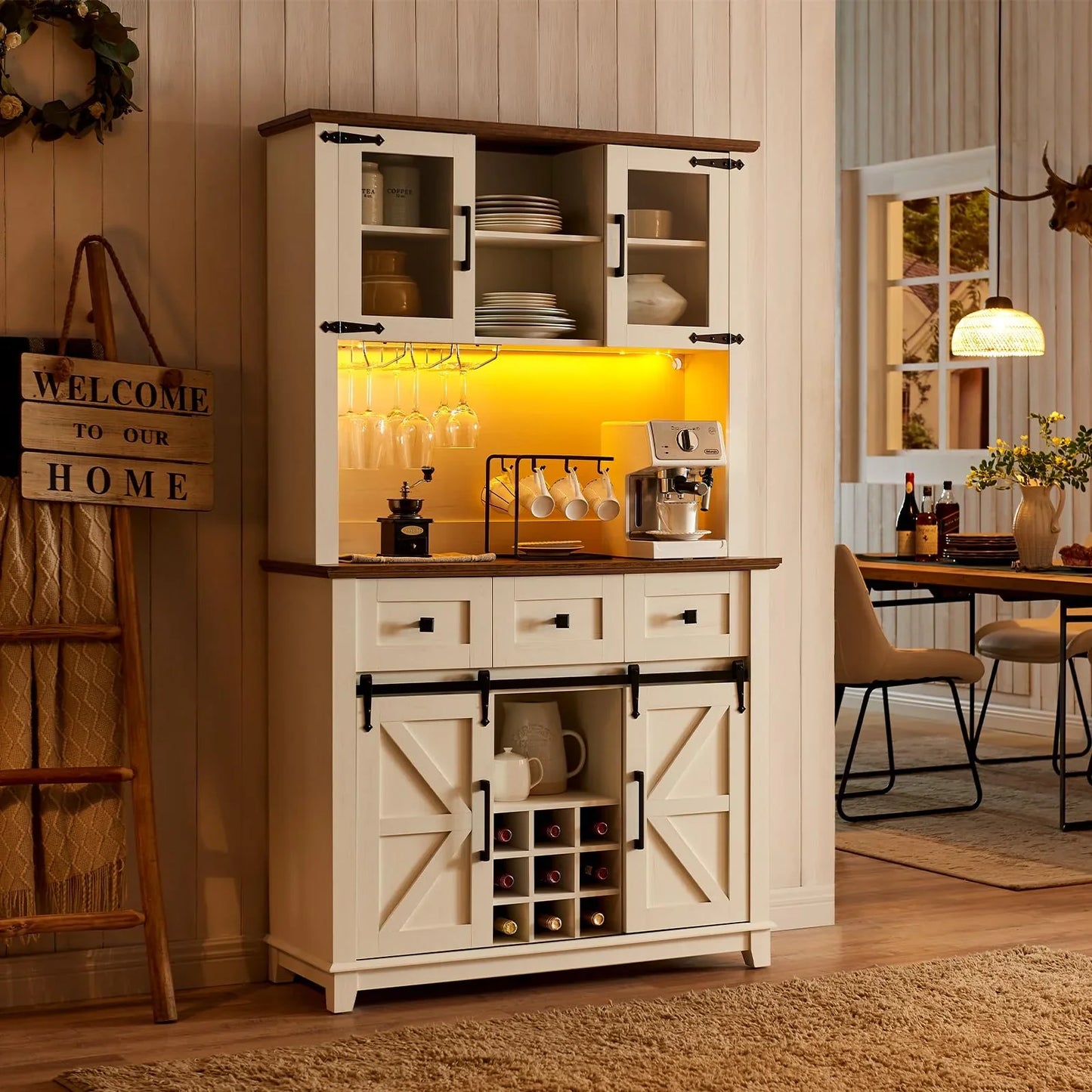 Merluxy Farmhouse Kitchen Cabinet Coffee Display Bar with LED Lights