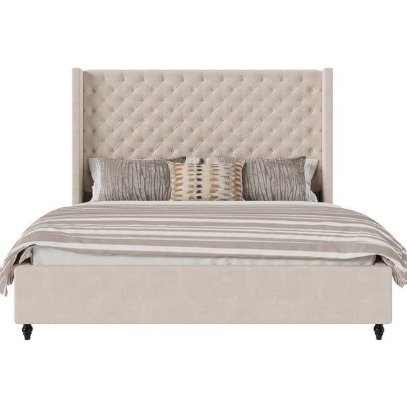 Amerlife Bed Frame with 65" Tall Headboard, Upholstered Wingback Platform Design, Solid Wood Legs