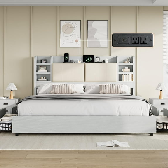 amerlife Bed Frame with 4 Storage Drawers with 47.2" Bookcase Headboard, Charging Station
