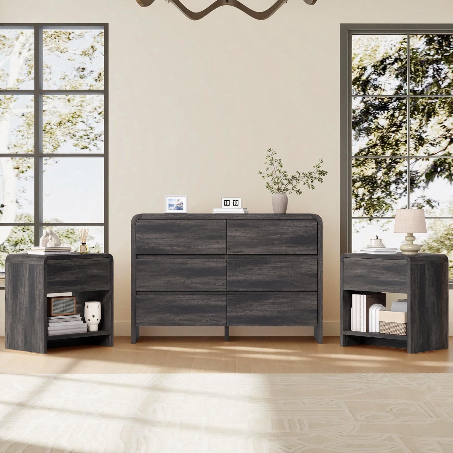 Amerlife Modern 3-Piece Bedroom Furniture Set with Drawer Dresser and Nightstands, Anti-Tip Kit Included