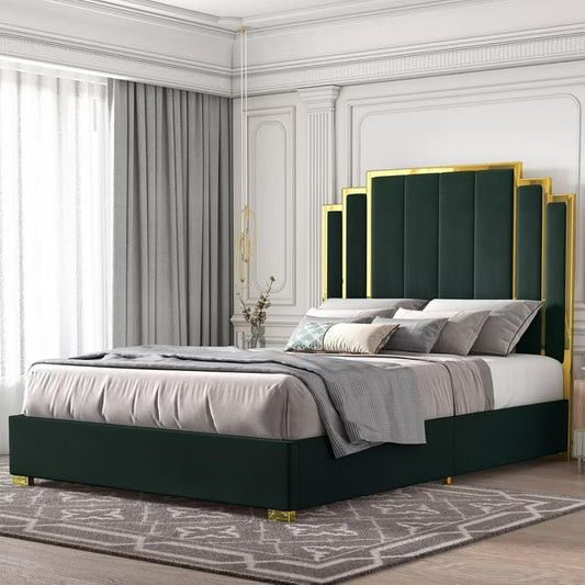 Amerlife Bed Frame with 61" Upholstered Headboard, Golden Trim, Modern Platform