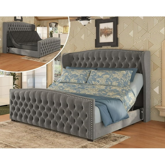 Amerlife Bed Frame with 51" Velvet Upholstered Headboard, Adjustable Dual Motor