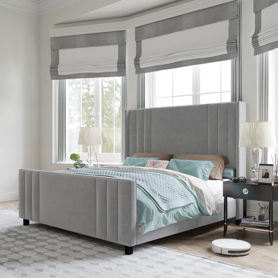 Amerlife Bed Frame with Velvet Upholstery, Tufted Headboard and Footboard