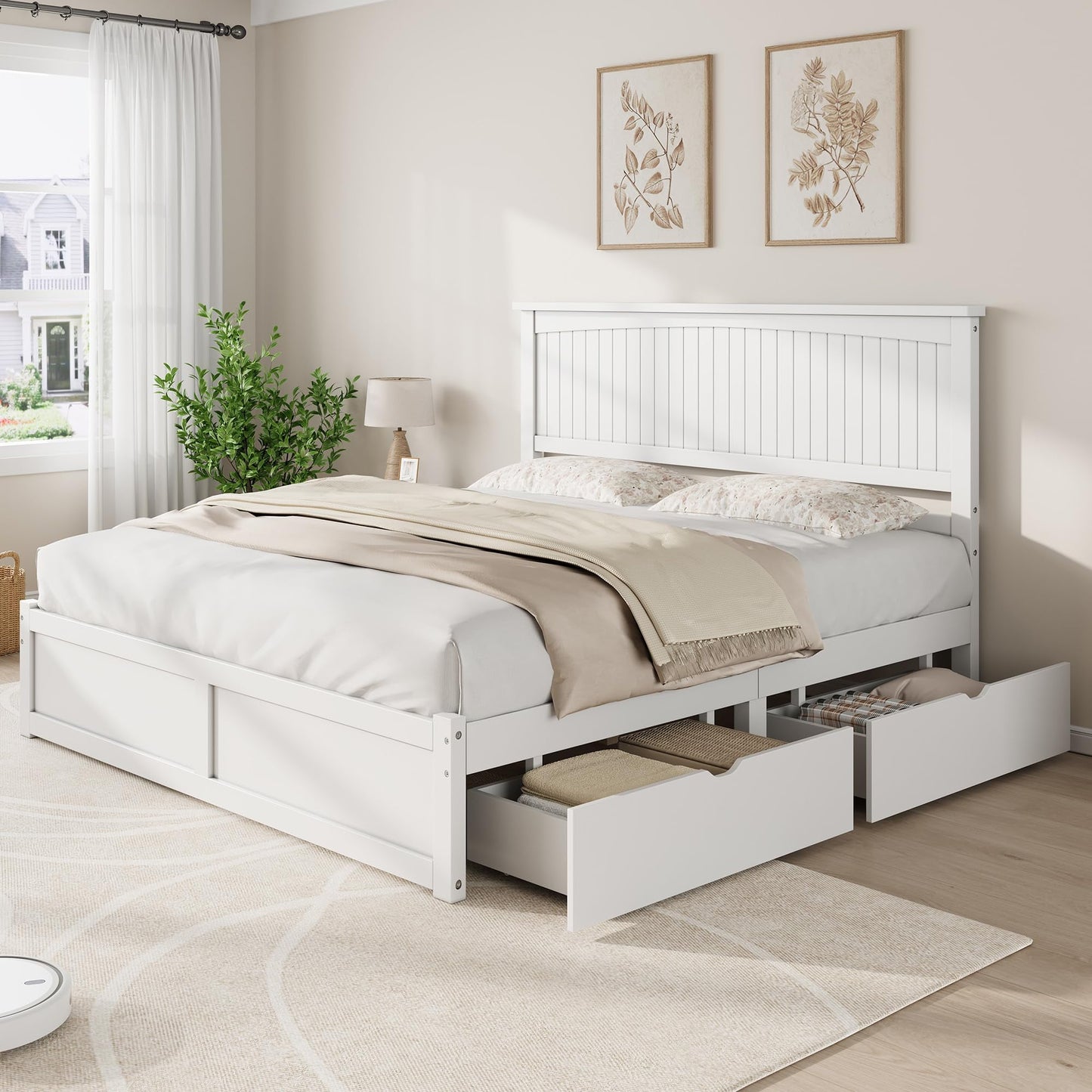 Amerlife Solid Wood Bed Frame with 50" Tall Headboard, Mid-Century Modern Bed with, Wooden Platform Bed with 2 Drawers