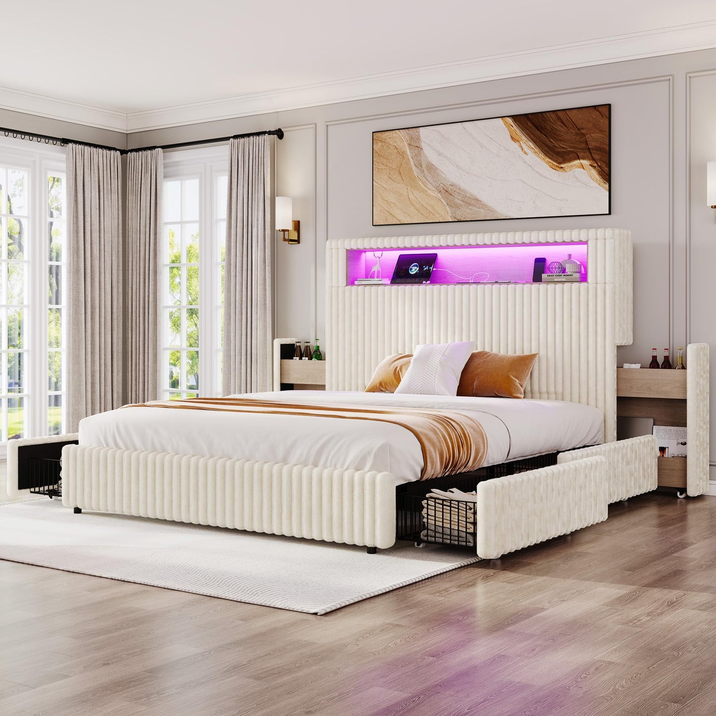 Amerlife Queen Size Storage Bed Frame with 51.2" Tall Upholstered Headboard, Built-in 6 Drawers & Bookcase, USB Ports & RGB LED Lights,Cream