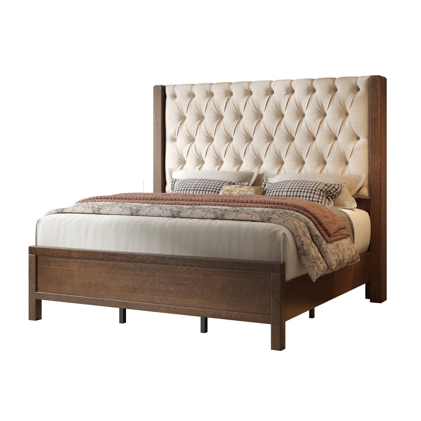 Amerlife Solid Wood Bed Frame, 57" Tall Farmhouse Upholstered Line Wingback Headboard, Deep Button Tufted, Easy Assembly