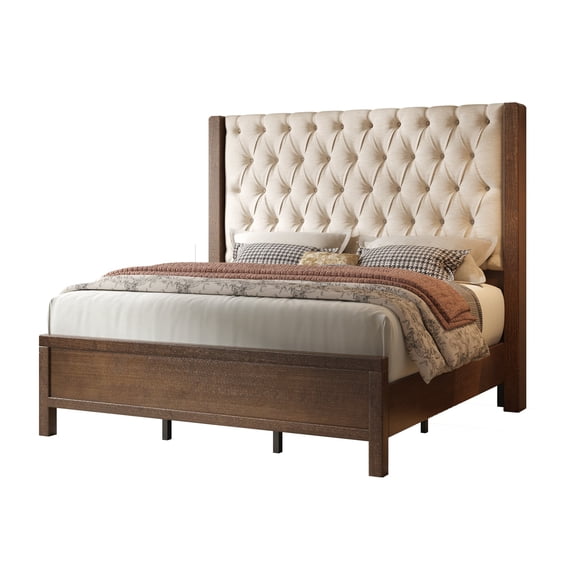 Amerlife Solid Wood Bed Frame with 57" Tall Wingback Headboard, Deep Button Tufted