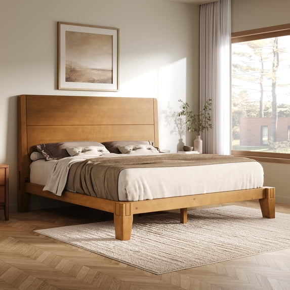 Amerlife Solid Wood Queen Bed Frame with Headboard, Japanese Joinery, Brown, Queen Platform, Mortise-and-Tenon Joinery, Minimalist Modern Style