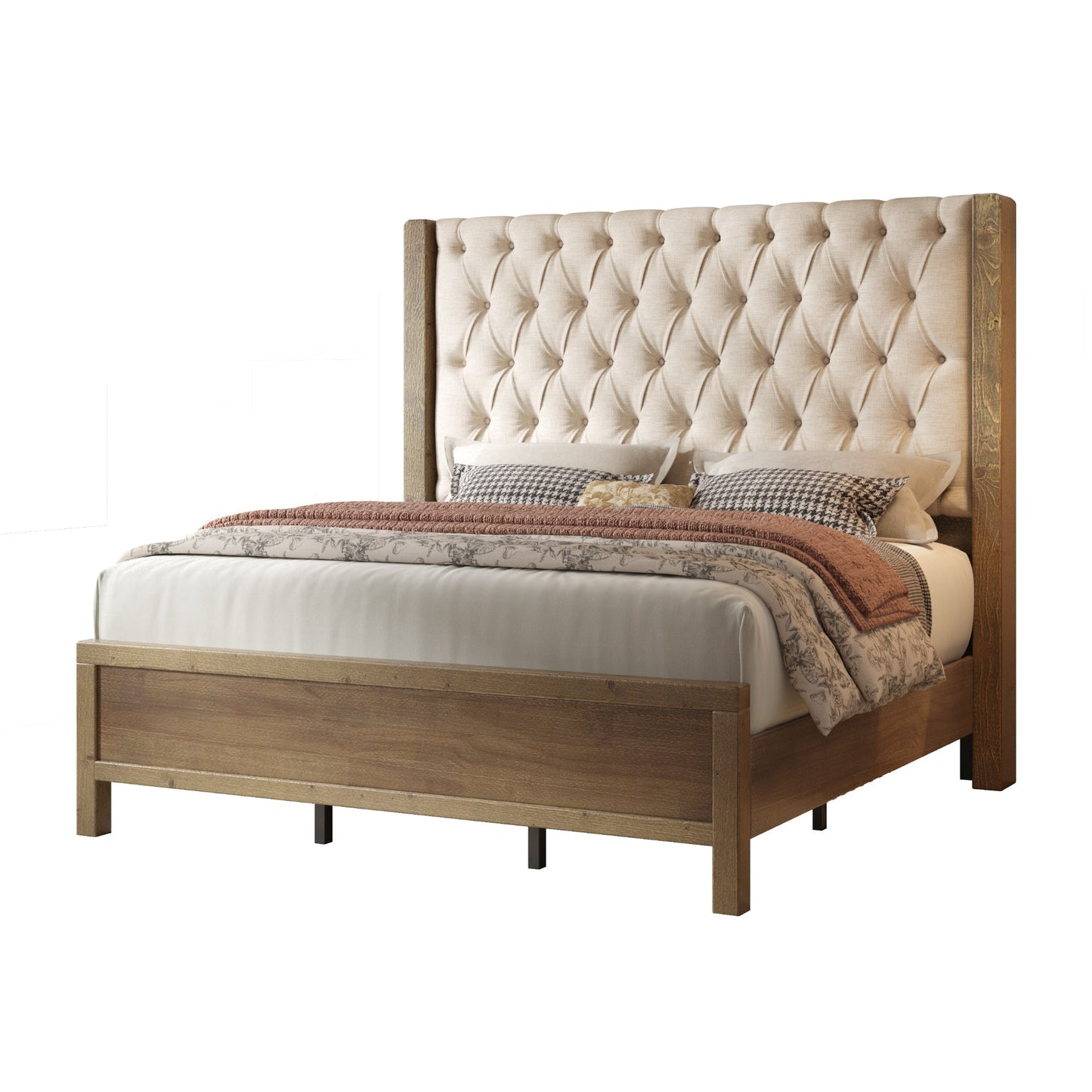 Amerlife Solid Wood Bed Frame, 57" Tall Farmhouse Upholstered Line Wingback Headboard, Deep Button Tufted, Easy Assembly