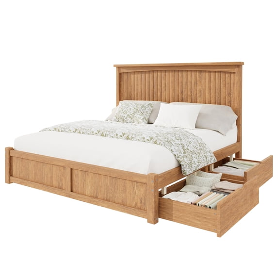 Amerlife Solid Wood Storage Bed Frame with 50" Headboard, Brown, Platform Bedframe with 2 Storage Drawers, Wooden Slats
