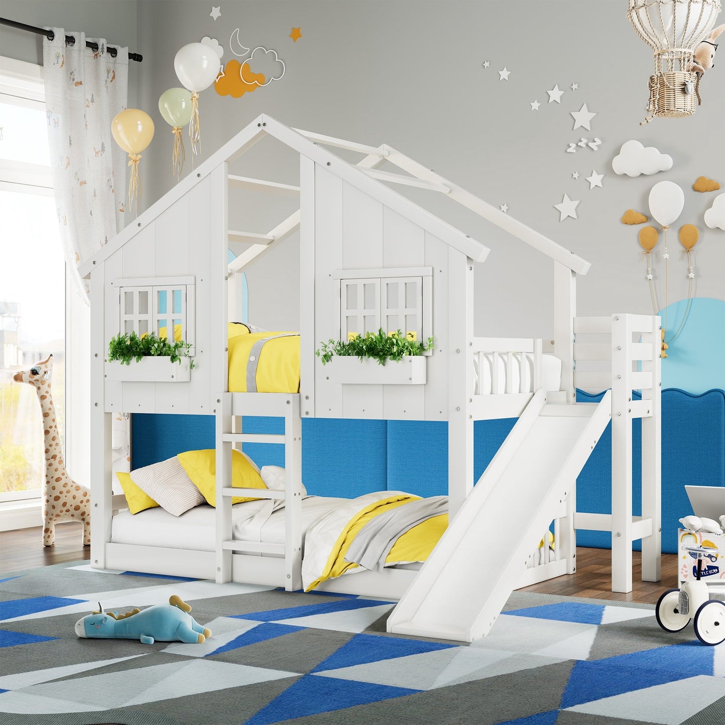 Amerlife Twin over Twin House Bunk Bed with Slide and Ladder, Solid Wood Frame, Window Box Shelf, 14" Guardrail