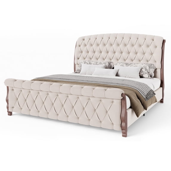 Amerlife Upholstered Bed Frame, 53" Tall Sleigh Bed with Button Tufted Chenille Headboard and Footboard, with Carved Solid Wood Legs