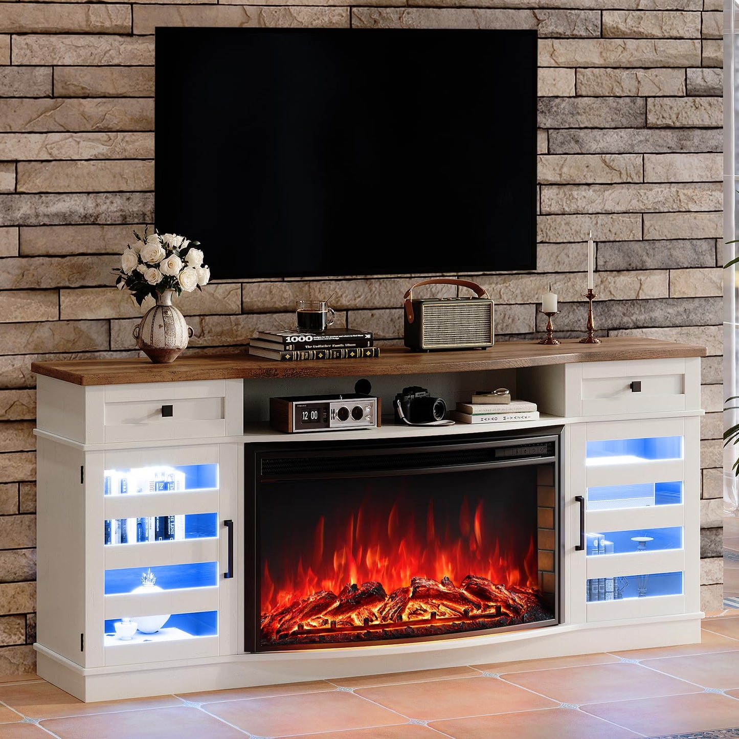 VANACC 70" Farmhouse Curved Fireplace TV Stand, LED Light Entertainment Center Table with 36" Upgrade Electric Fireplace TV Console Cabinet for TVs Up to 80"