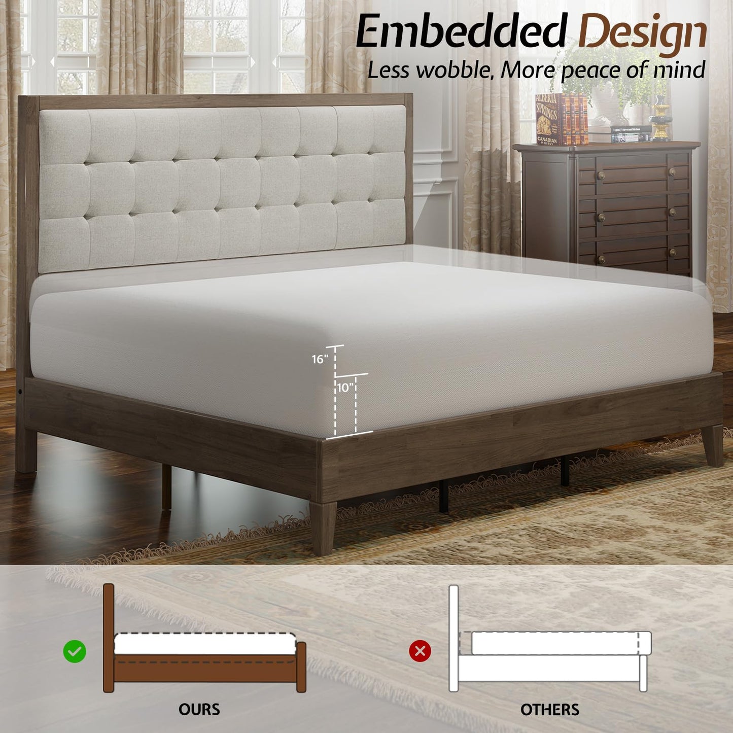 Jocisland Wood Full Size Bed Frame,Tall Upholstered Tufted Headboard, Solid Wood Platform, No Box Spring Needed, Ash Gray