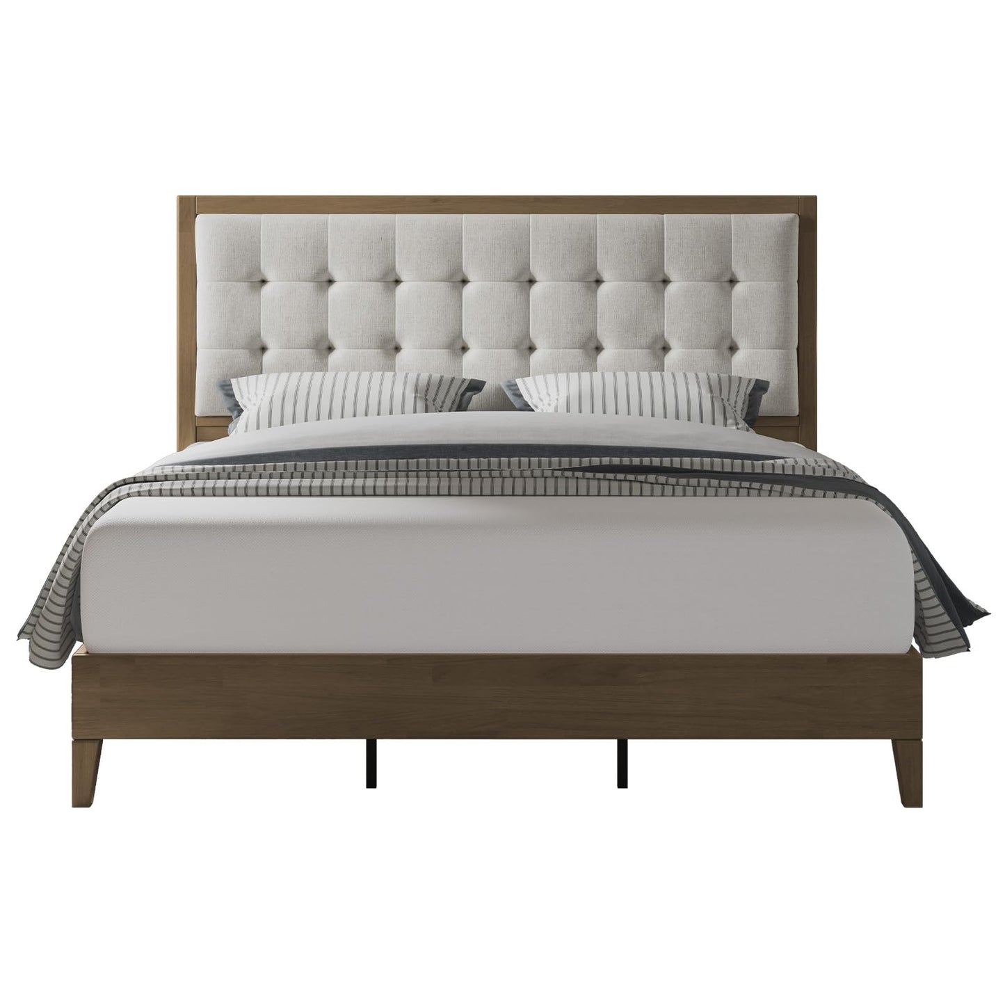 Jocisland Wood Full Size Bed Frame,Tall Upholstered Tufted Headboard, Solid Wood Platform, No Box Spring Needed, Ash Gray
