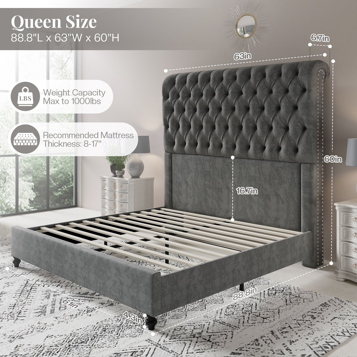 Jocisland Queen Size Platform Bed Frame with 60" Tall Sleigh Headboard, Luxury Velvet Upholstered Bed, Handcrafted Deep Button Tufted, Solid Wood Legs, Noise-Reducing, No Box Spring Needed,Light Gray