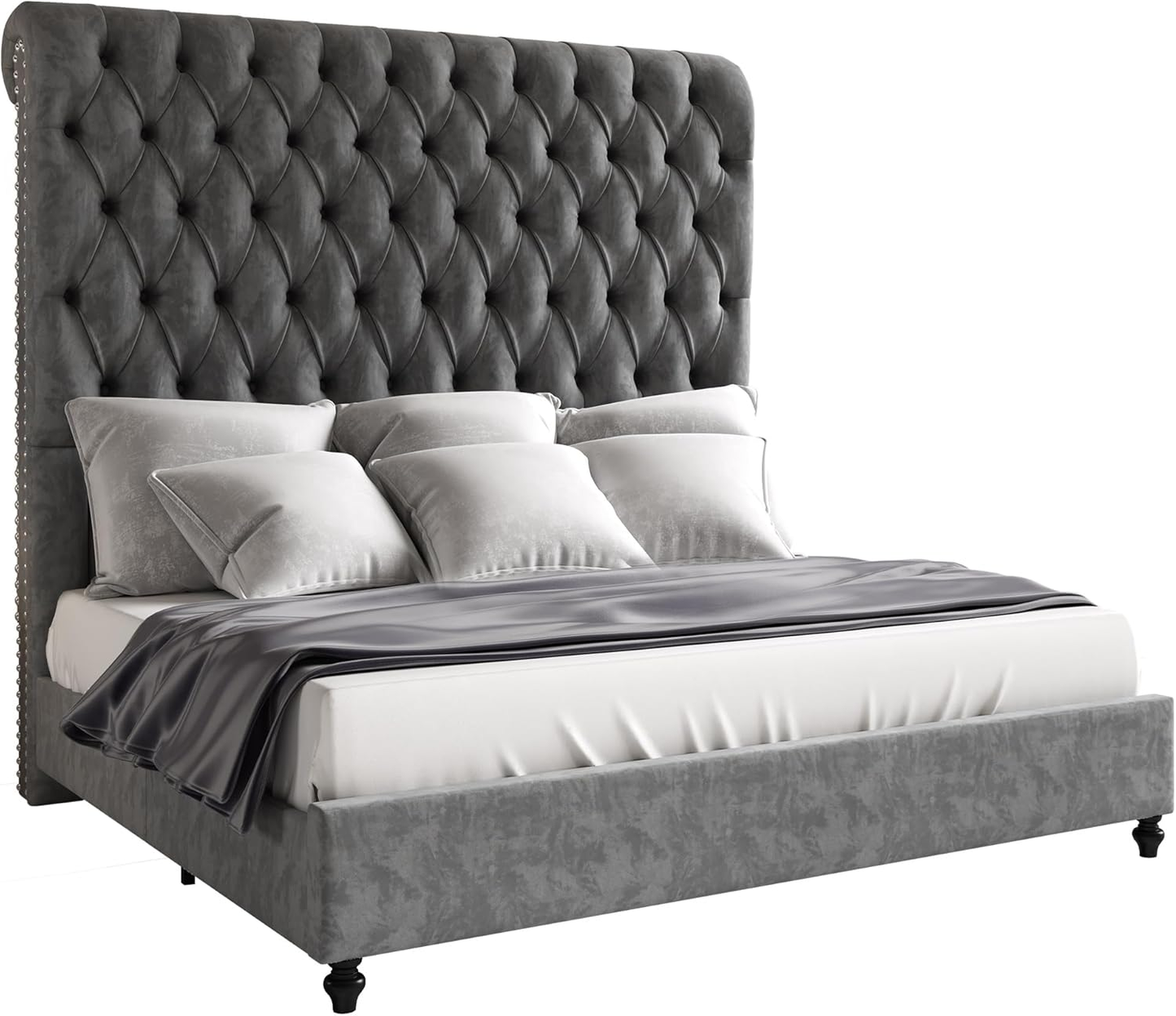 Jocisland Queen Size Platform Bed Frame with 60" Tall Sleigh Headboard, Luxury Velvet Upholstered Bed, Handcrafted Deep Button Tufted, Solid Wood Legs, Noise-Reducing, No Box Spring Needed,Light Gray
