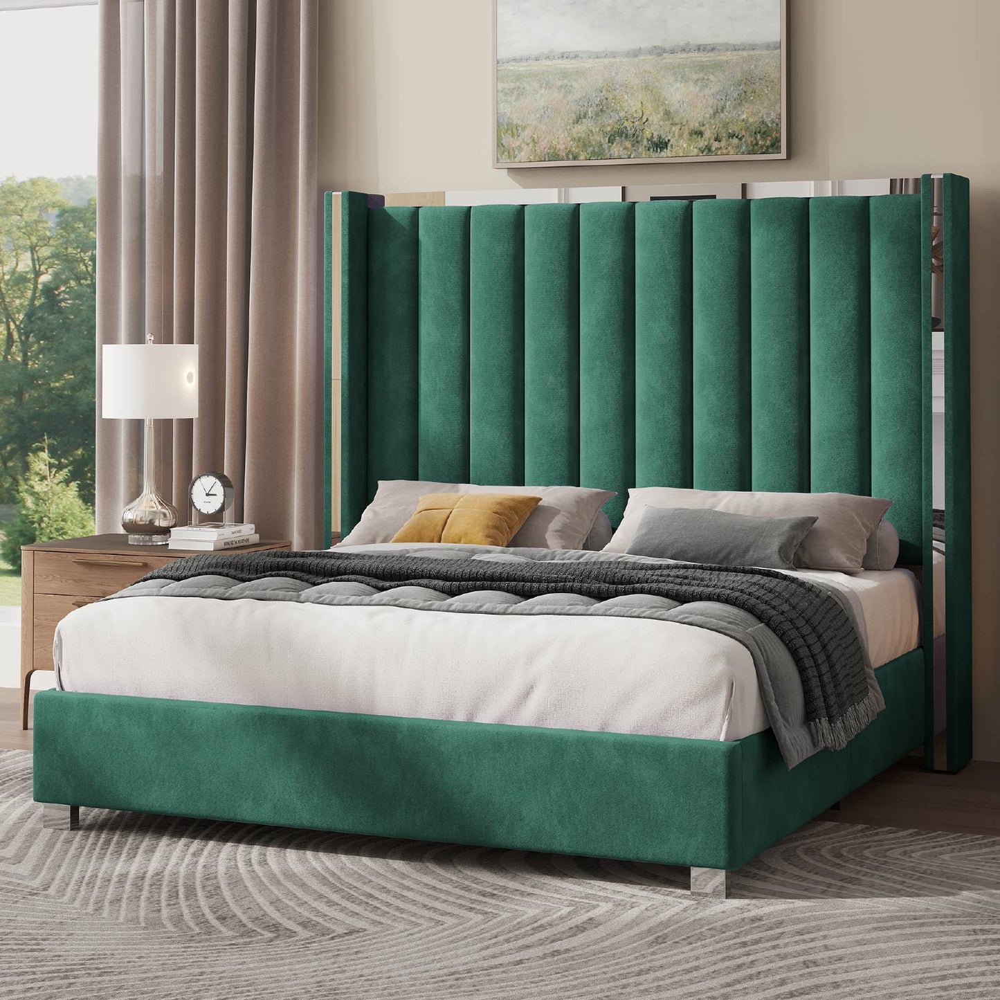Jocisland Bed Frame with 58" tall Headboard, Velvet Upholstered Platform bed with Tall Headboard Wingback, Velvet Vertical Channel Tufted and Plating Trim, No Box Spring Needed