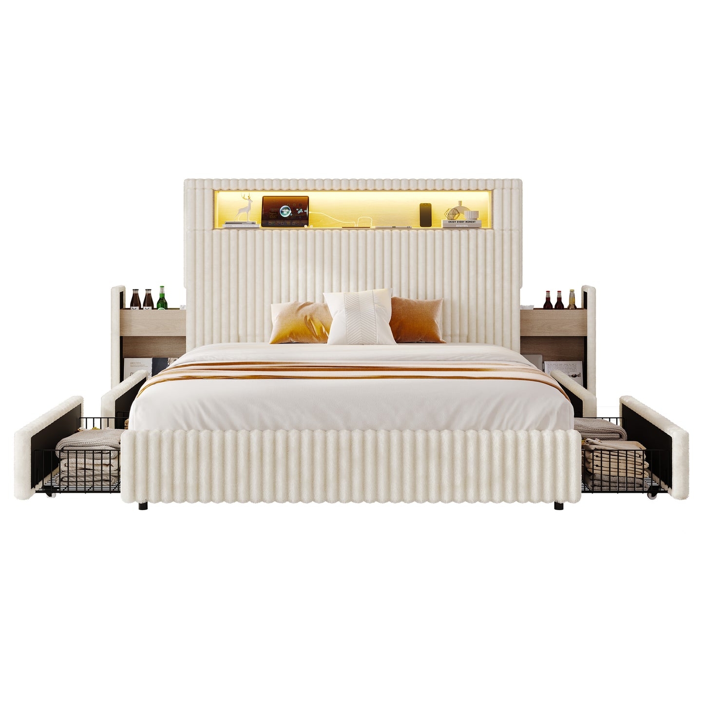 Jocisland Queen Size Storage Bed Frame with 51.2" Tall Upholstered Headboard, Built-in 6 Drawers & Bookcase, USB Ports & RGB LED Lights, No Box Spring Needed,Cream