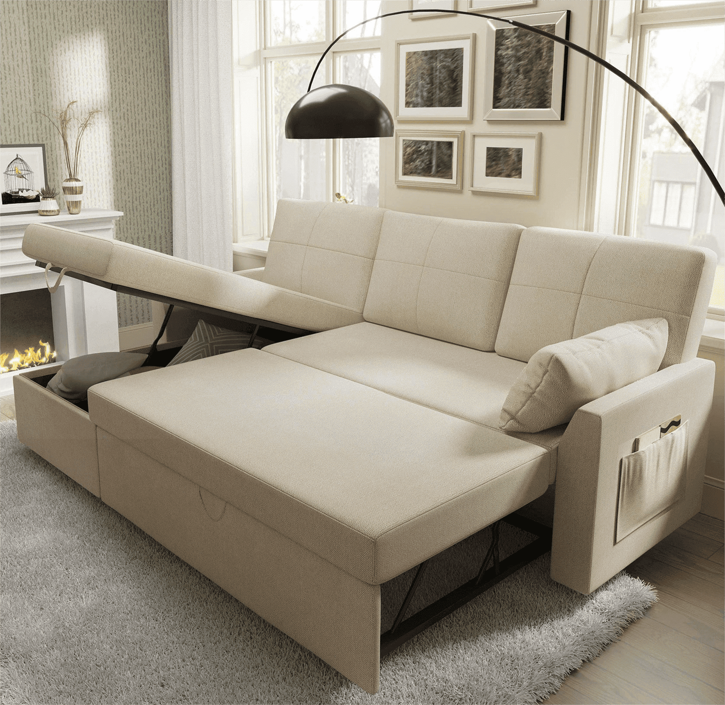 VANACC Sofa Bed, Sleeper Sofa with Storage Chaise-2 in 1 Pull Out Couch Bed for Living Room, Sectional Couch with Pull Out Bed