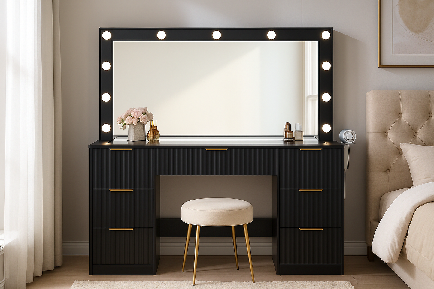 Merluxy Fluted Vanity Desk with Large Mirror and LED Lights, 4 Drawers Makeup Table with Glass Top and Charging Station for Women and Girls
