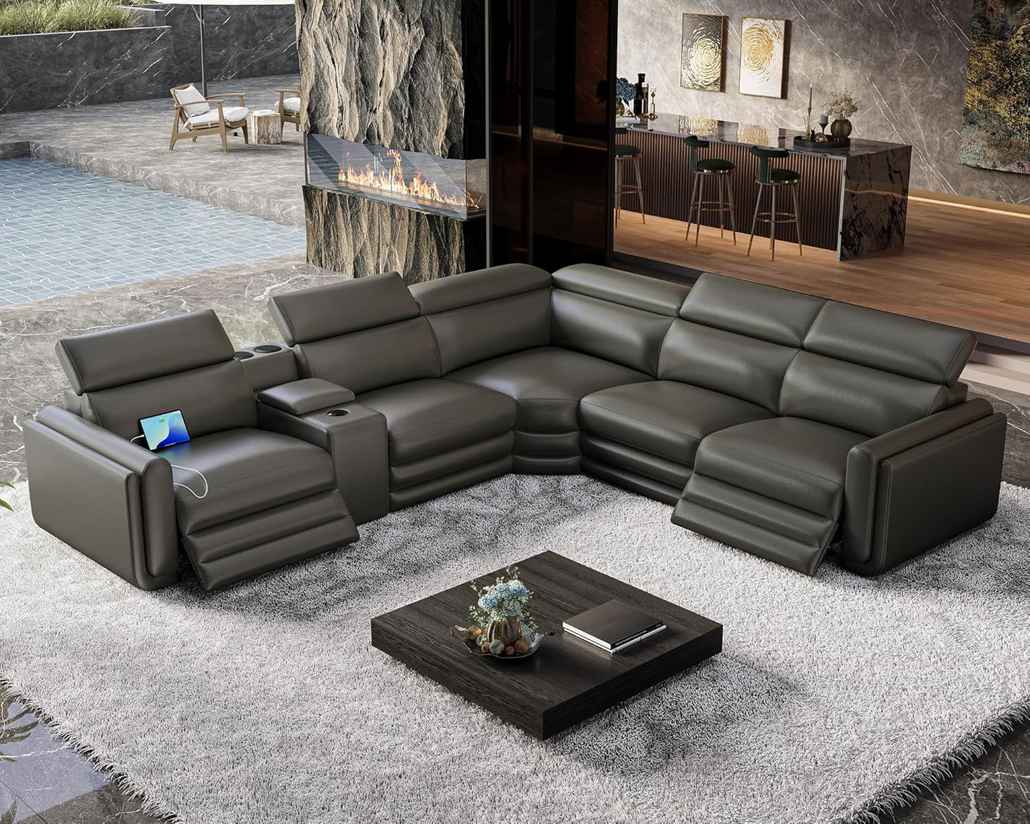 papajet 130" Power Reclining Sofa Leather Bluetooth Speakers