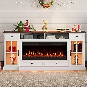 VanAcc Farmhouse Fireplace TV Stand for TVs up to 80", 70" Large TV Stand with Lighting Glass Door Cabinets/Drawers, Entertainment Center