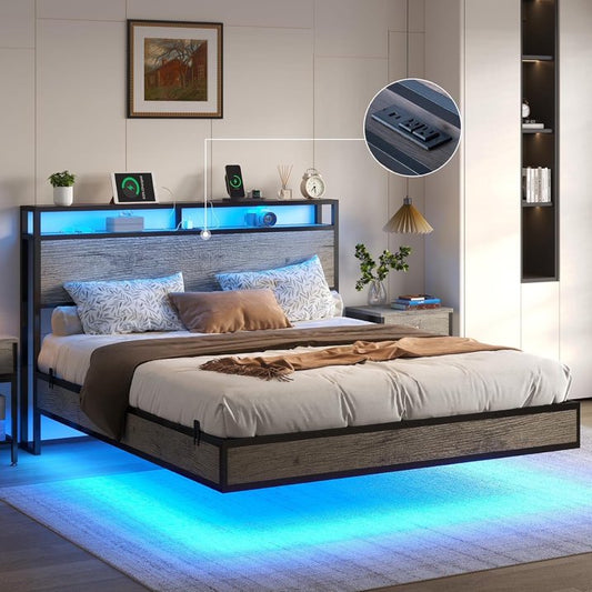 VANACC Float Bed Frame with LED Lights and Charger, RGB Smart Storage Headboard, Platform Bed with USB Charger & Cord