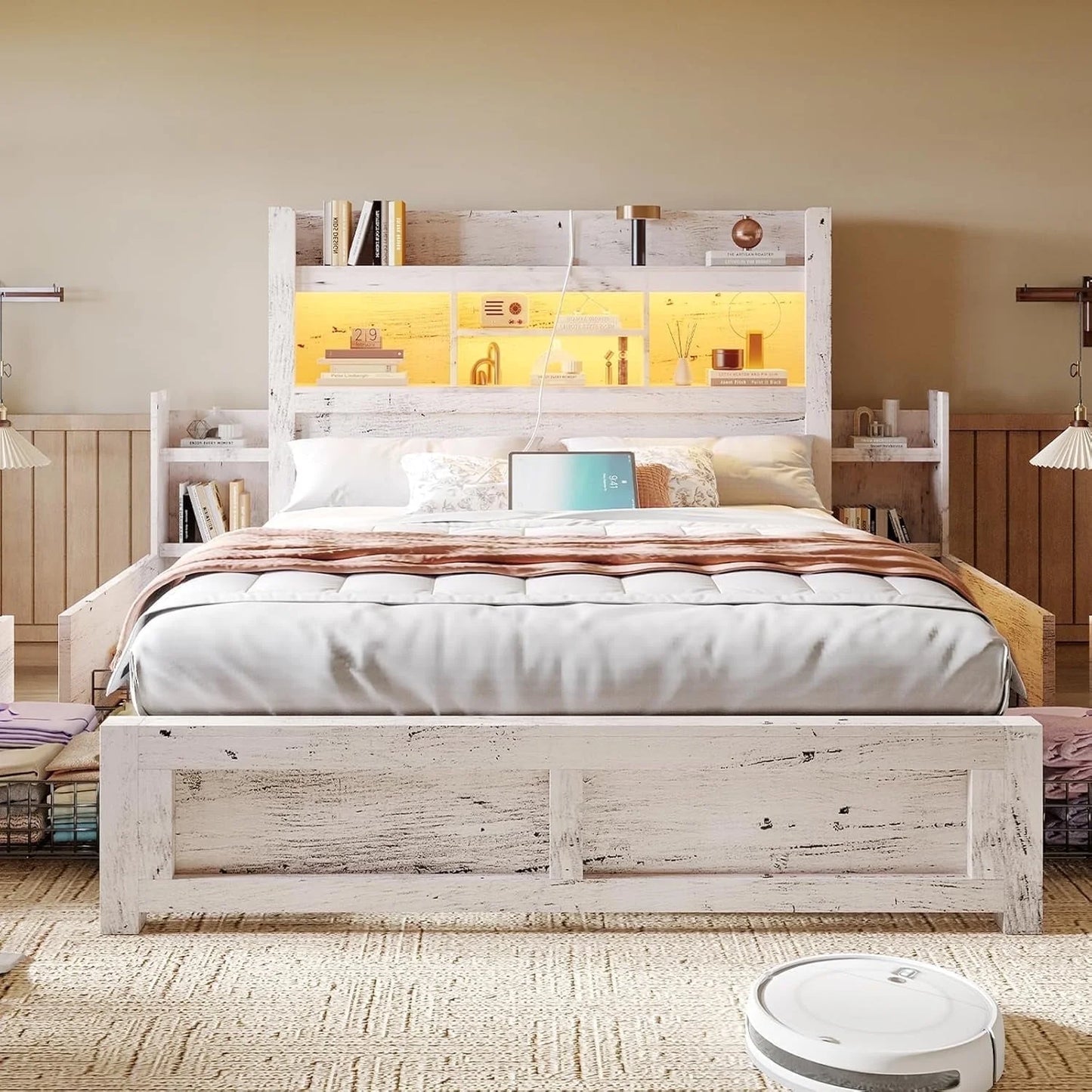VANACC Bed with 49.6" Bookcase Headboard, Dual Side Storage Racks, 4 Drawers, Built-in RGB LED Lighting, Charging Station – No Box Spring Required