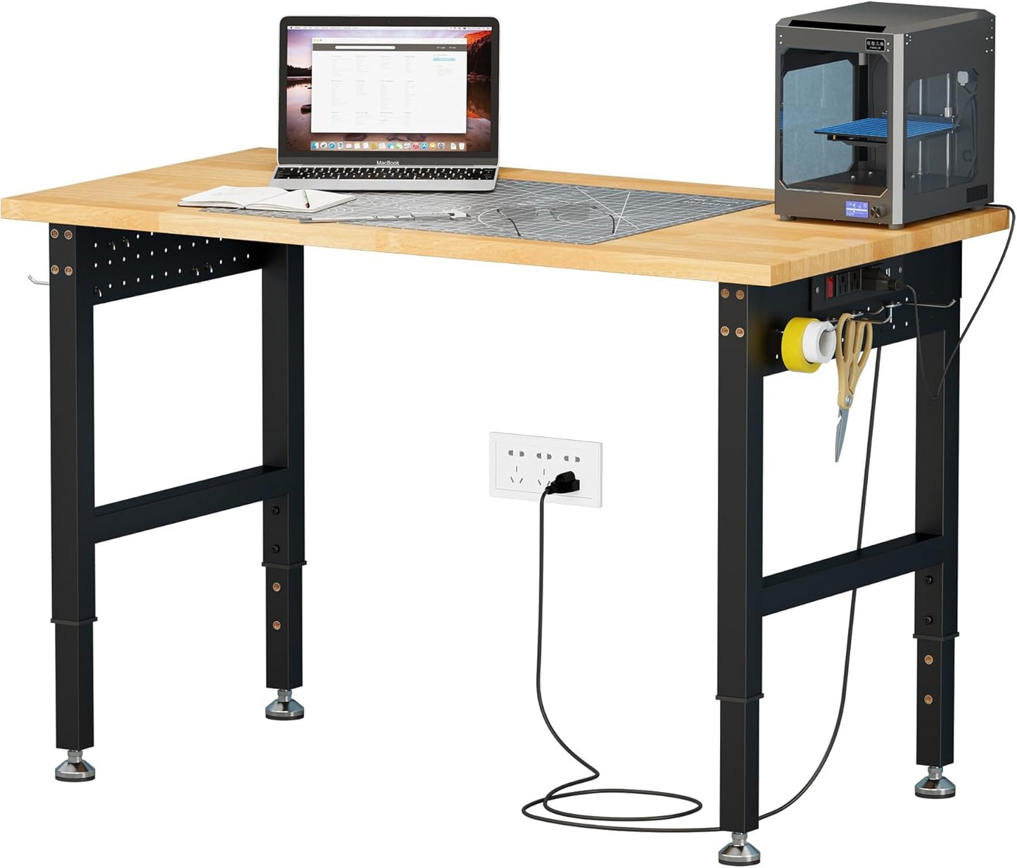 LUXOAK Adjustable Workbench with Power Outlets, 2000 Lbs Capacity Rubber Wood Top Work Benches for Garage, Heavy Duty Work bench, Office, Studio
