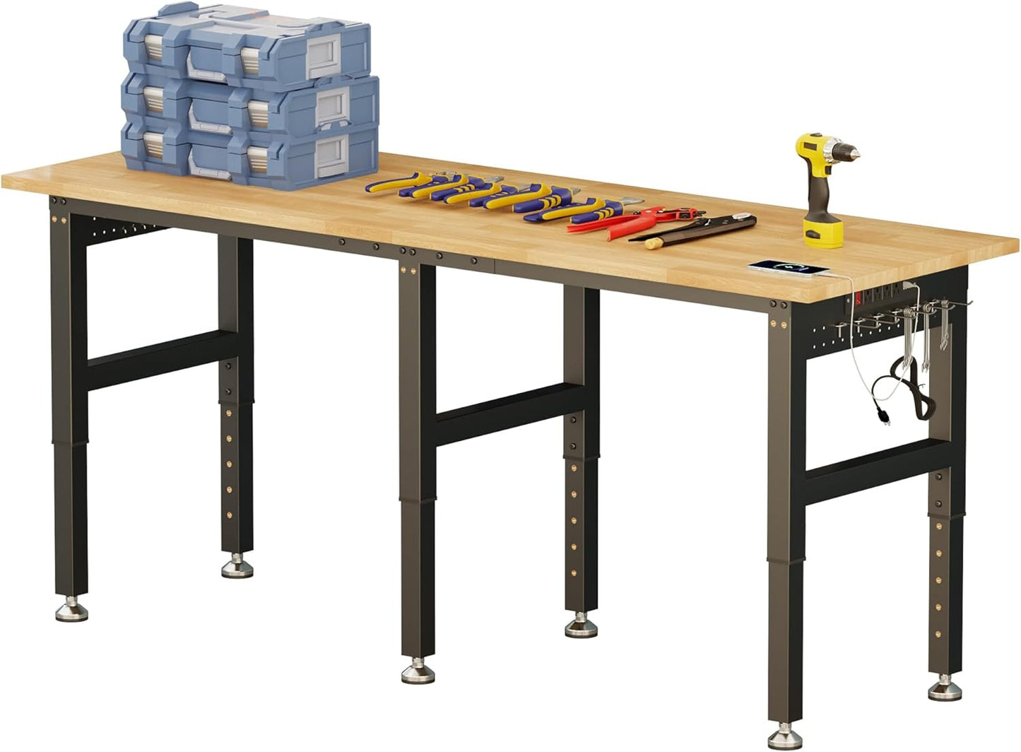 Jocisland Adjustable Workbench with Power Outlets, 2000 Lbs Capacity Rubber Wood Top Work Benches for Garage, Heavy Duty Work bench, Office, Workshop