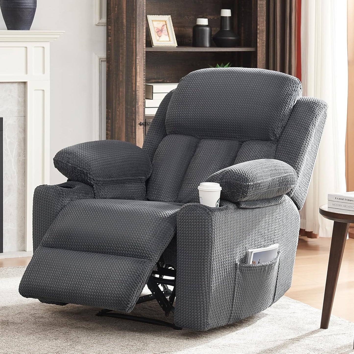 papajet Recliner Chair, Recliner Couch with Cup Holders, Plush Fabric Reclining Chair with Wingback, Comfy Recliner Sofas for Living Room