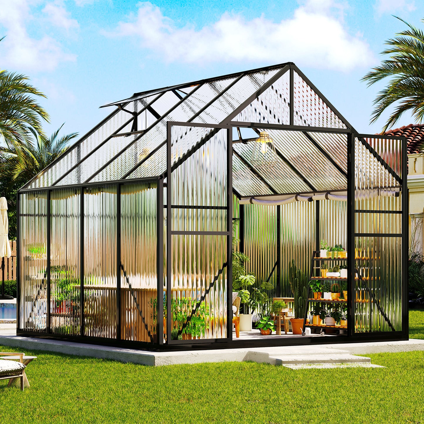 Jocisland 7.7x7.7x7 FT Polycarbonate Walk-In Greenhouse with Aluminum Frame, 2 Top-Opening Windows & 2 Swing Doors, Heavy Duty for Outdoor Garden Use, Black