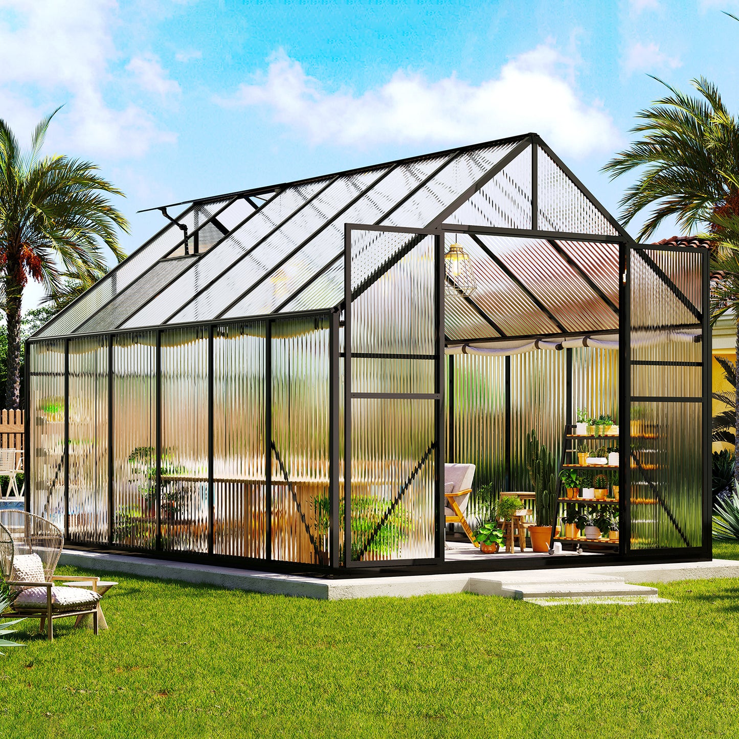 Jocisland 7.7x7.7x7 FT Polycarbonate Walk-In Greenhouse with Aluminum Frame, 2 Top-Opening Windows & 2 Swing Doors, Heavy Duty for Outdoor Garden Use, Black