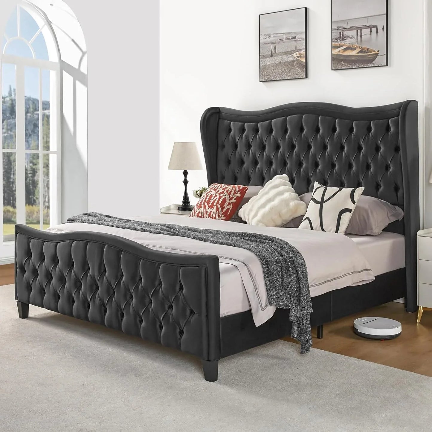 Queen Size Platform Bed Frame, Wavy Velvet Wingback Upholstered Bed with Handmade Deep Button Tufted 52.9" High Headboard & Footboard/No Box Spring Needed/Grey