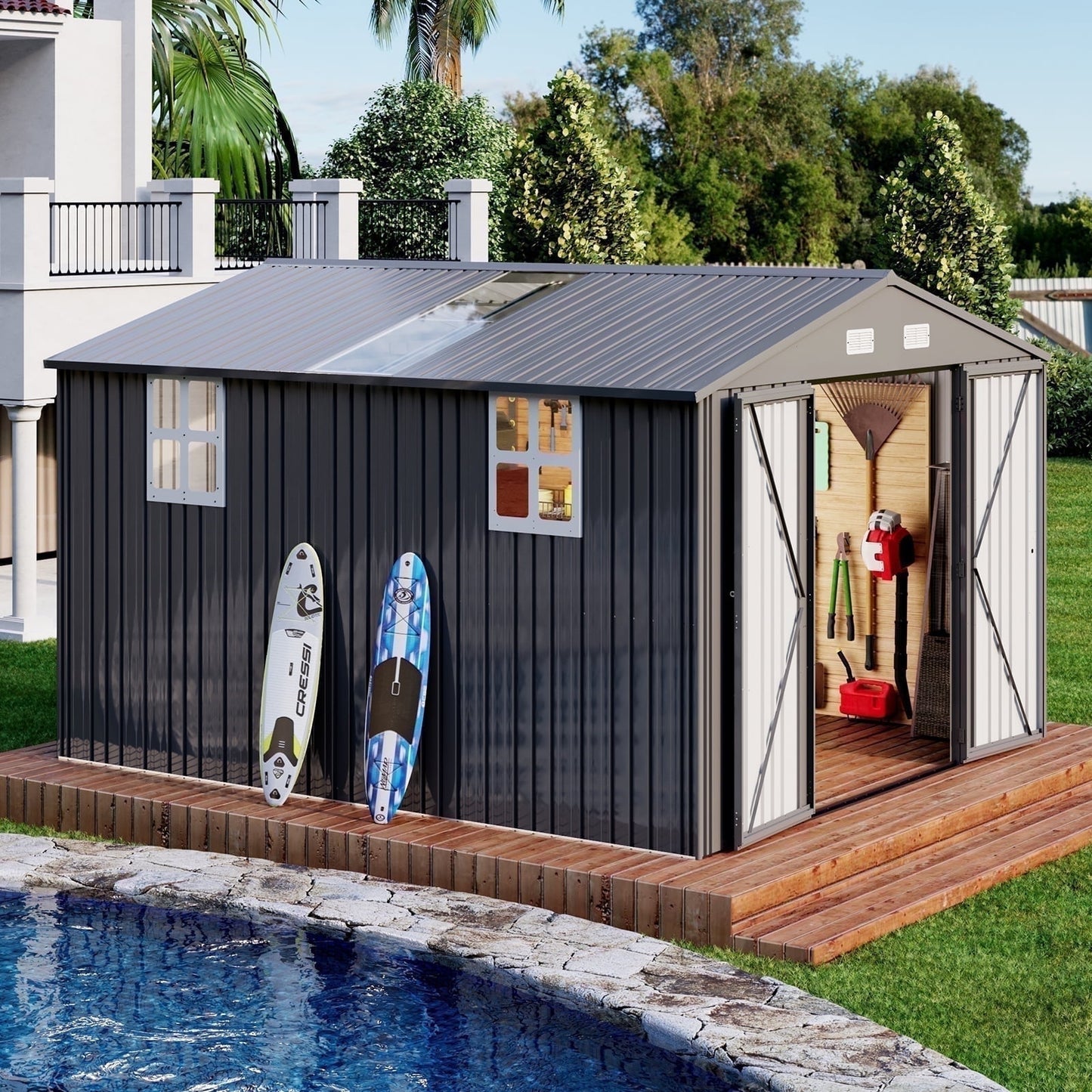 Jocisland Galvanized Steel Storage Shed with Windows & Hinged Doors, Outdoor Shed for Backyard, Garden, Patio