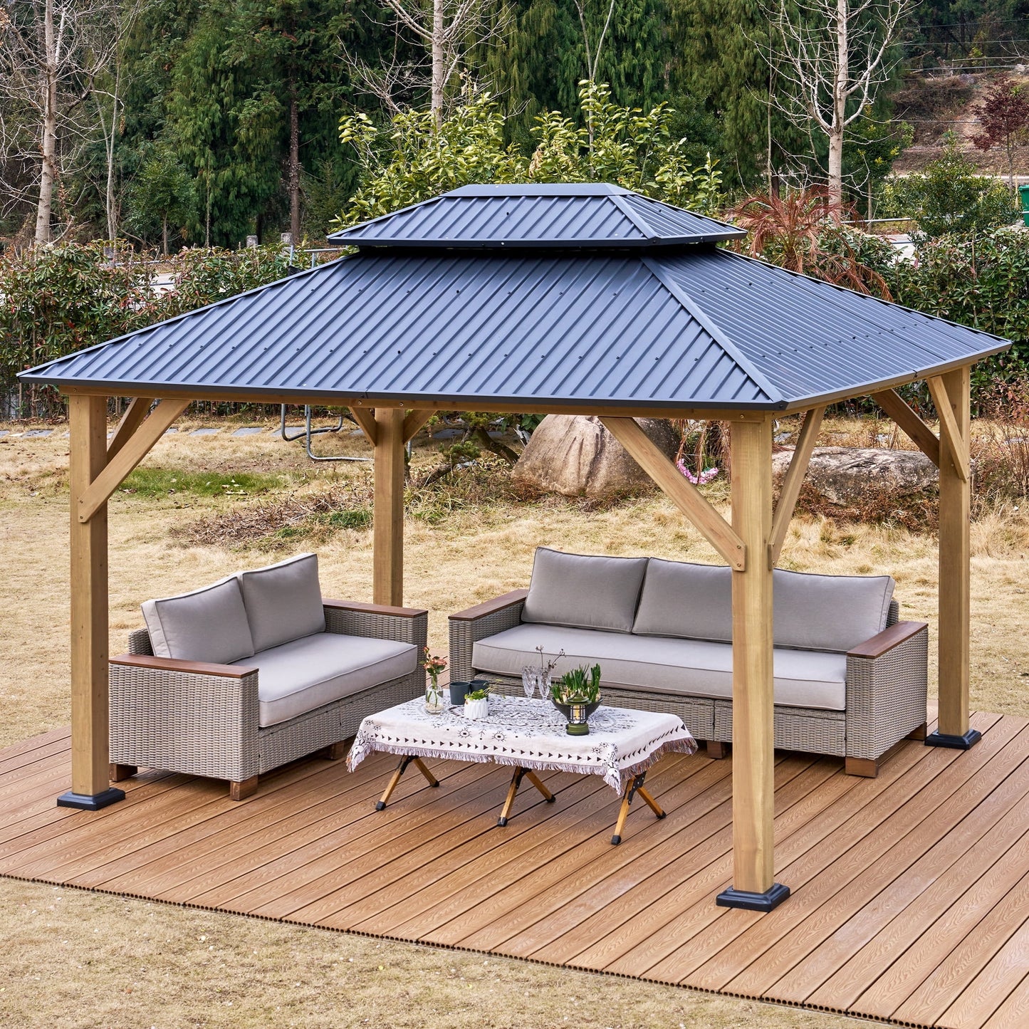 Jocisland 10' x 12' Hardtop Gazebo with Iron Roof Double Roof, Wood Gazebo for Patio, Backyard, Lawns, Parties, Black