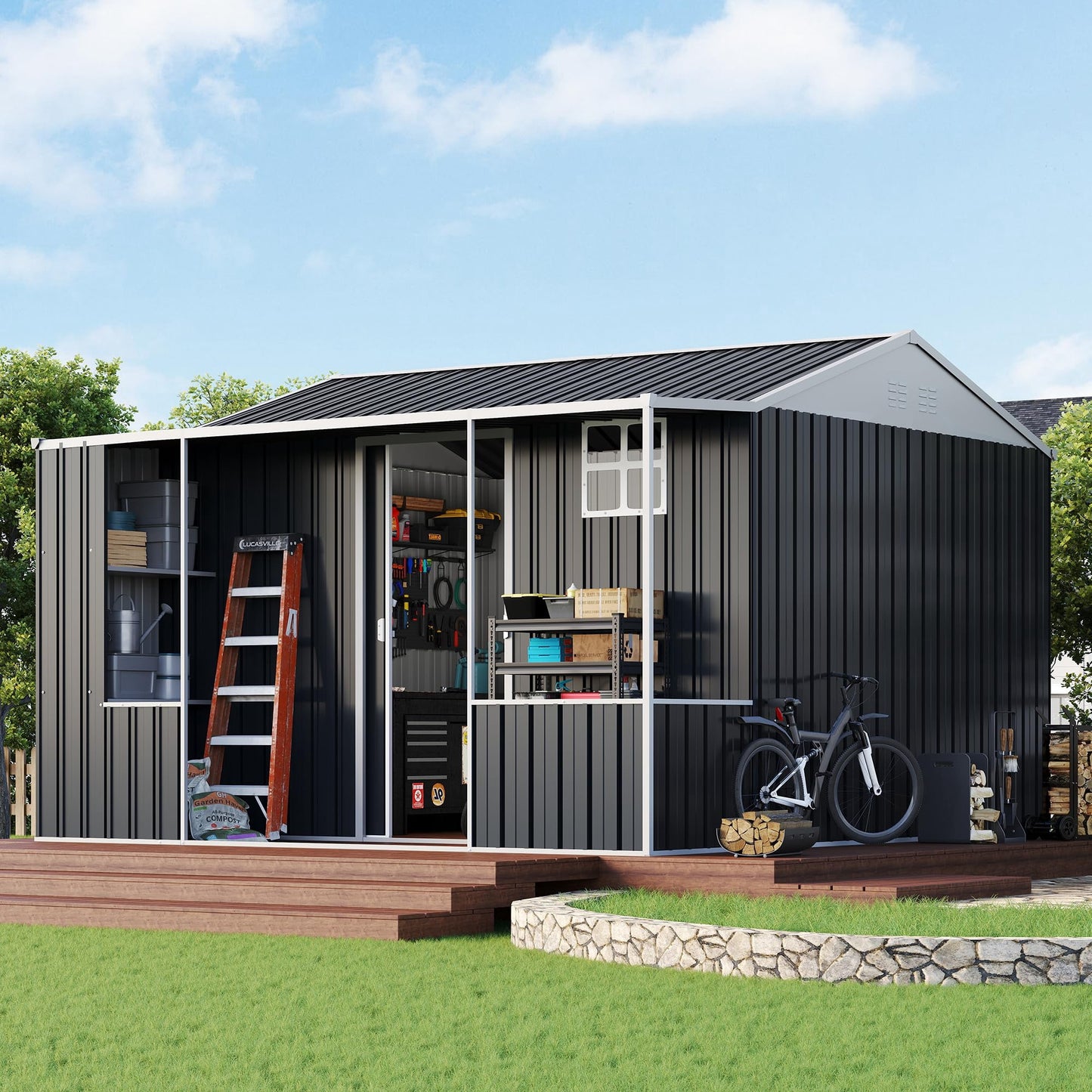 Jocisland Metal Storage Shed, Dual-Zone Tool Shed with Work Area, Reinforced Frame, Gable Roof, Ventilated Design, Dark Grey