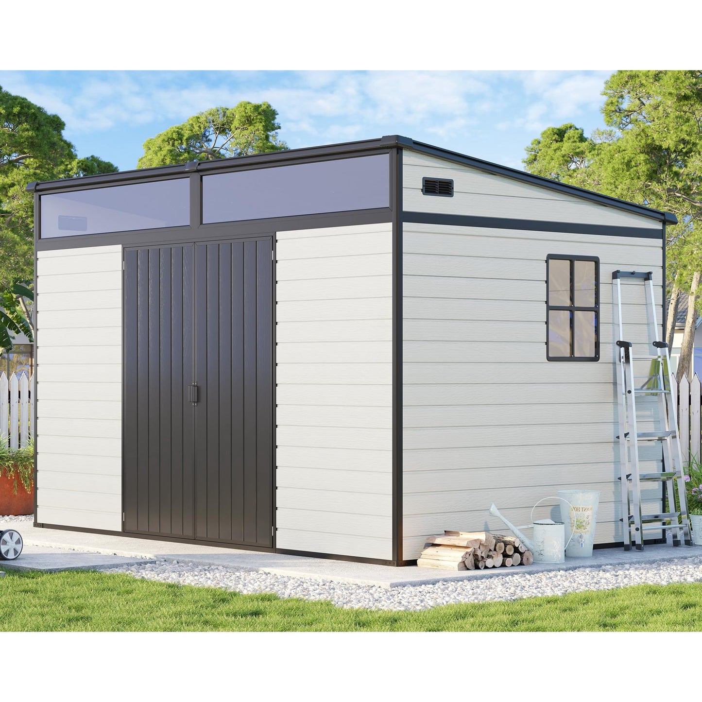 Jocisland Outdoor Resin Storage Shed with Floor & Double Doors, Sloped Roof with Window & Vents, Waterproof Tool Sheds for Lawn, Backyard