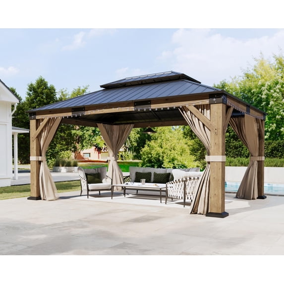 Jocisland 12' x 14' Heavy Duty Hardtop Gazebo with Double Metal Roof, Wood Gazebo with Privacy Curtain, for Backyard, Garden & Patio, Brown