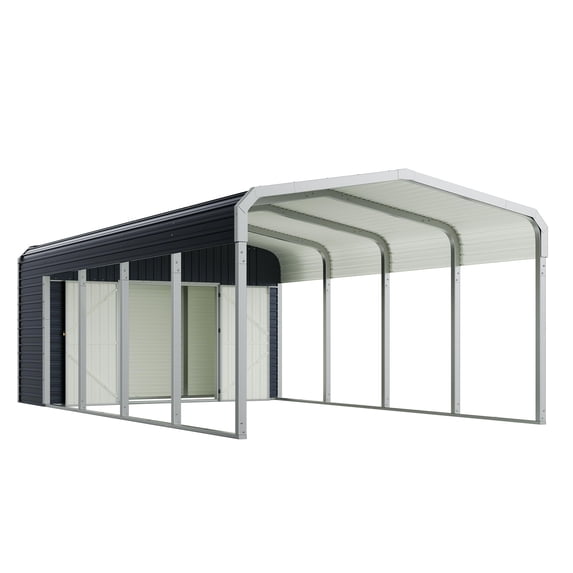 Jocisland 12'x24' 2-in-1 Carport & Storage Shed, Heavy Duty Carport with Galvanized Steel Roof, 2 Transparent Panels & Double Doors for Cars, Trucks