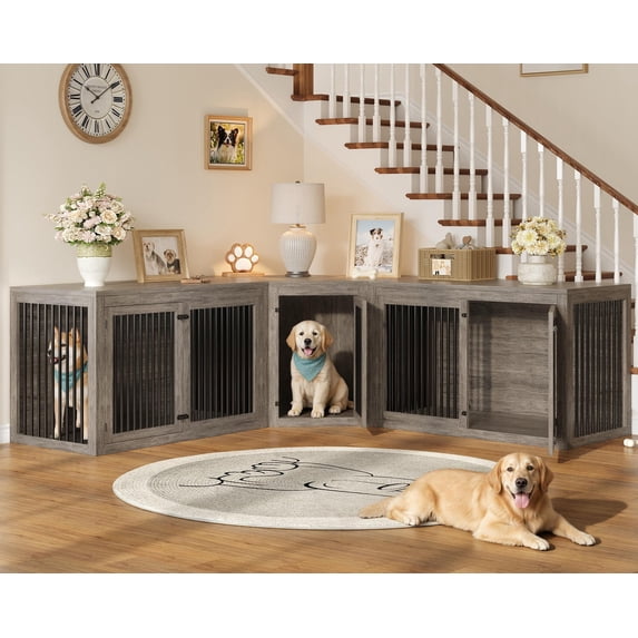Jocisland 128" Corner Dog Crate Furniture with Divider, Grey