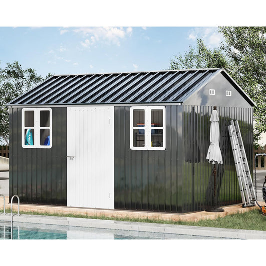 Jocisland 12x10.3x8.2 FT Galvanized Steel Outdoor Storage Shed with Two 4-Pane Windows Lockable Door, Nordic Cottage Shed for Backyard, Garden, Patio, Dark Grey/White