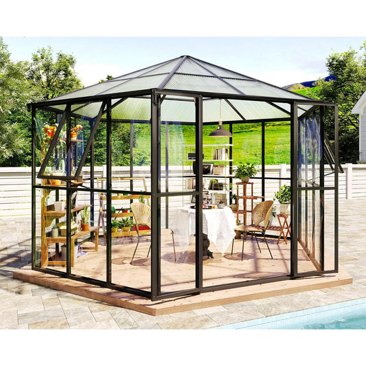 Jocisland 12x10x8 FT Hexagonal Greenhouse with Quick-Connect Fittings, Greenhouses for Outdoors Garden Backyard with 2 Swing Doors, Walk-in Aluminum Greenhouse with 2 Vents, Black