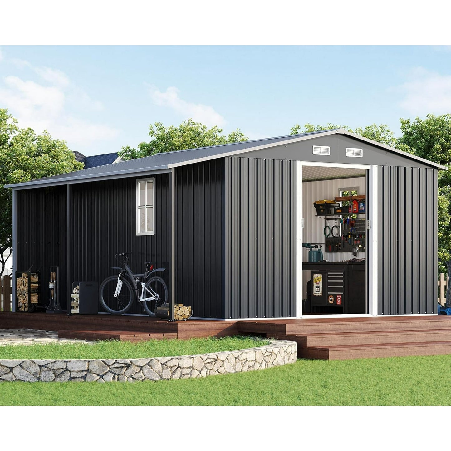 Jocisland Outdoor Storage Shed, Metal Shed with Sliding Doors Two 4-Pane Windows, Open Outdoor Shed for Wood Storage, Dark Grey