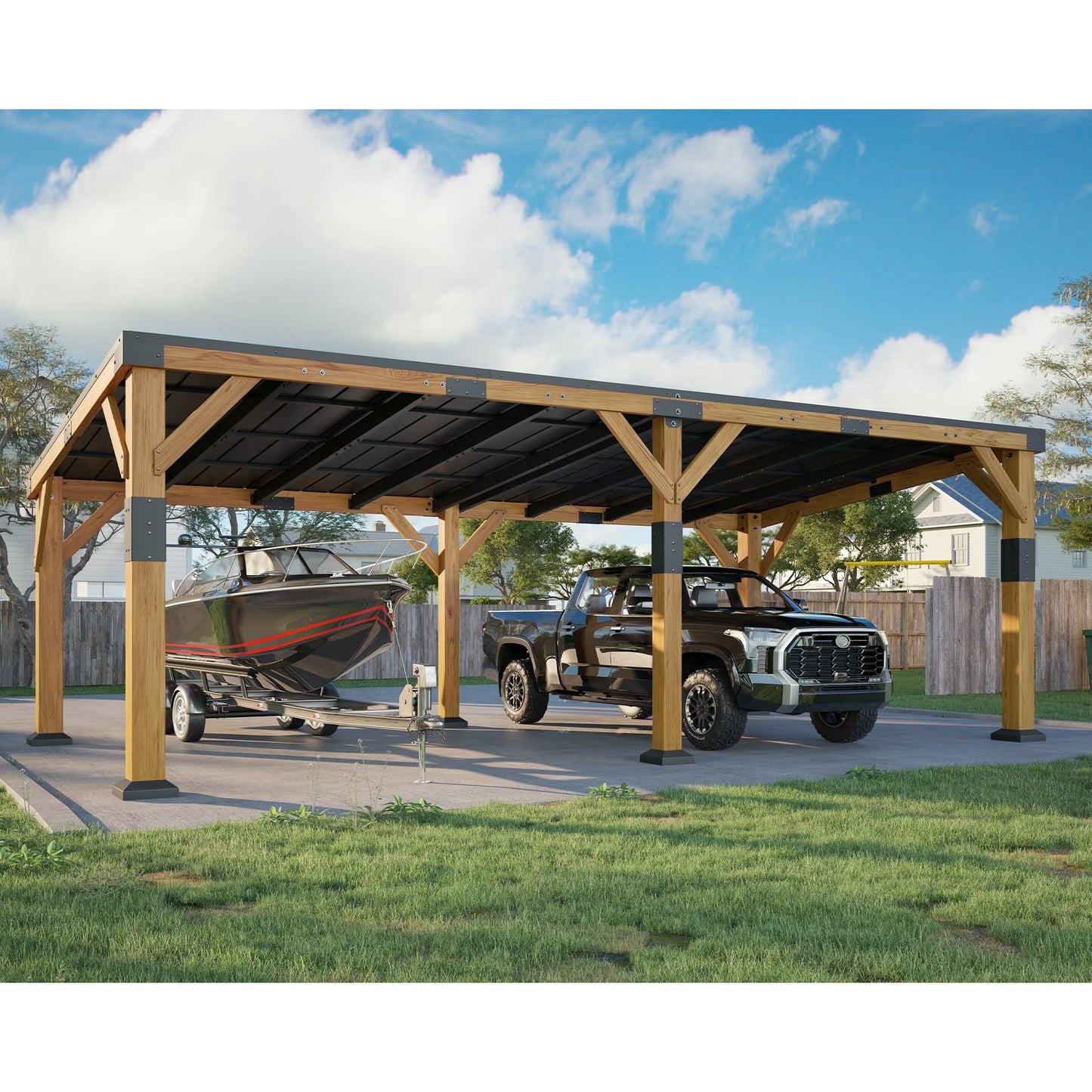 Jocisland 12x24x8.2 FT Cedar Wood Carport for 2 Cars, Heavy Duty Canopy Carport with Sloped Galvanized Steel Roof for All Weather