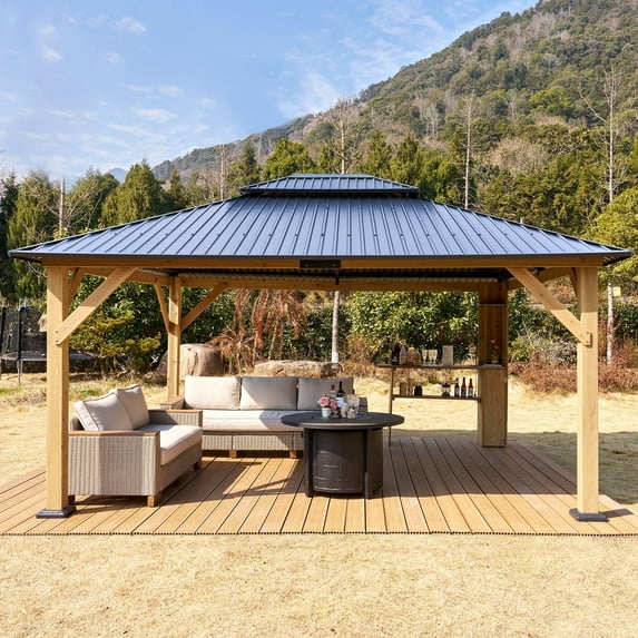 Jocisland 13' x 15' Hardtop Gazebo,Aluminum Frame Outdoor Gazebo with Iron Roof Double Roof, Wood Gazebo for Patio, Backyard, Lawns, Parties, Black