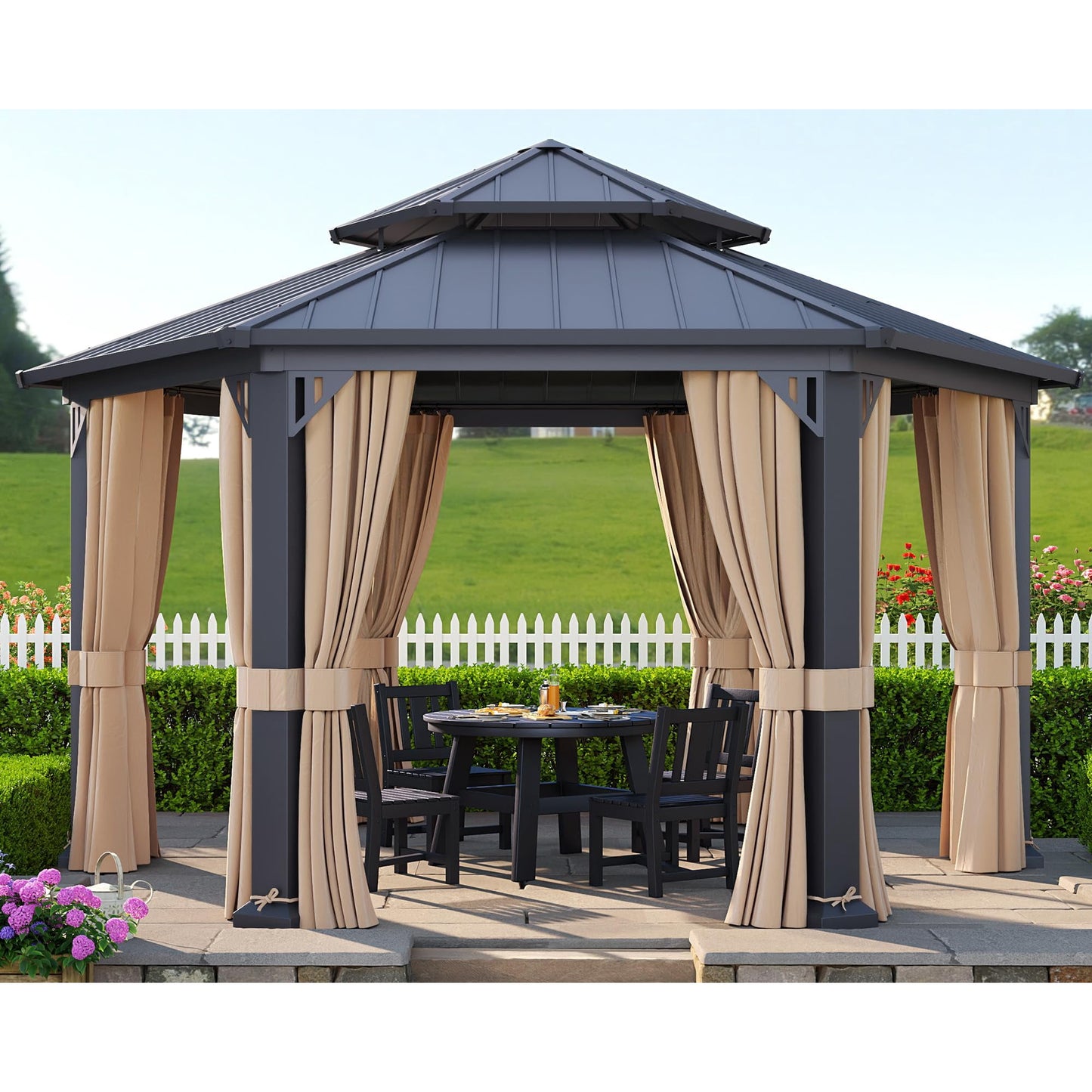 Jocisland Wood Gazebo, Hardtop Gazebo with Aluminum Double Roof, Outdoor Gazebo with Wood Frame for Parties, Backyard, Lawns, Patio, Black + Natural Wood